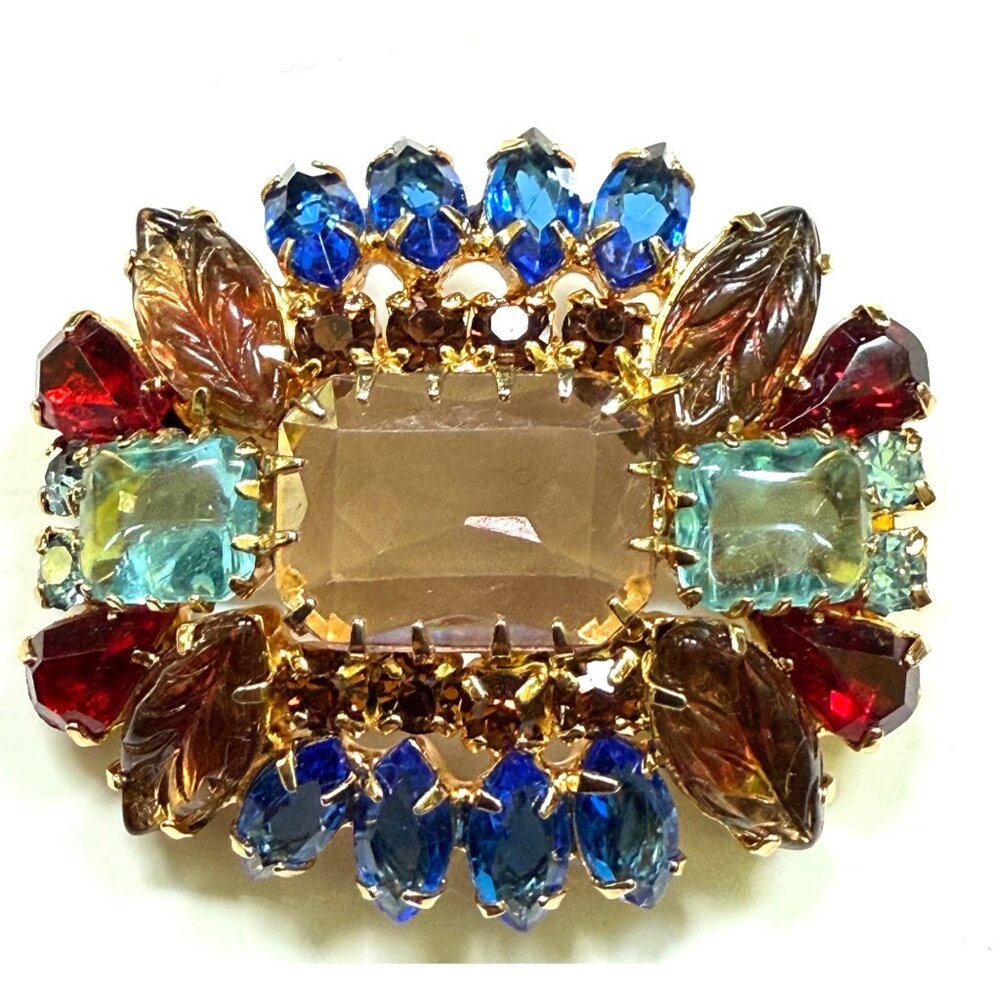 Vintage Multi-Color Gemstone Brooch Pin With Rhinestones & Gold-Tone Finish